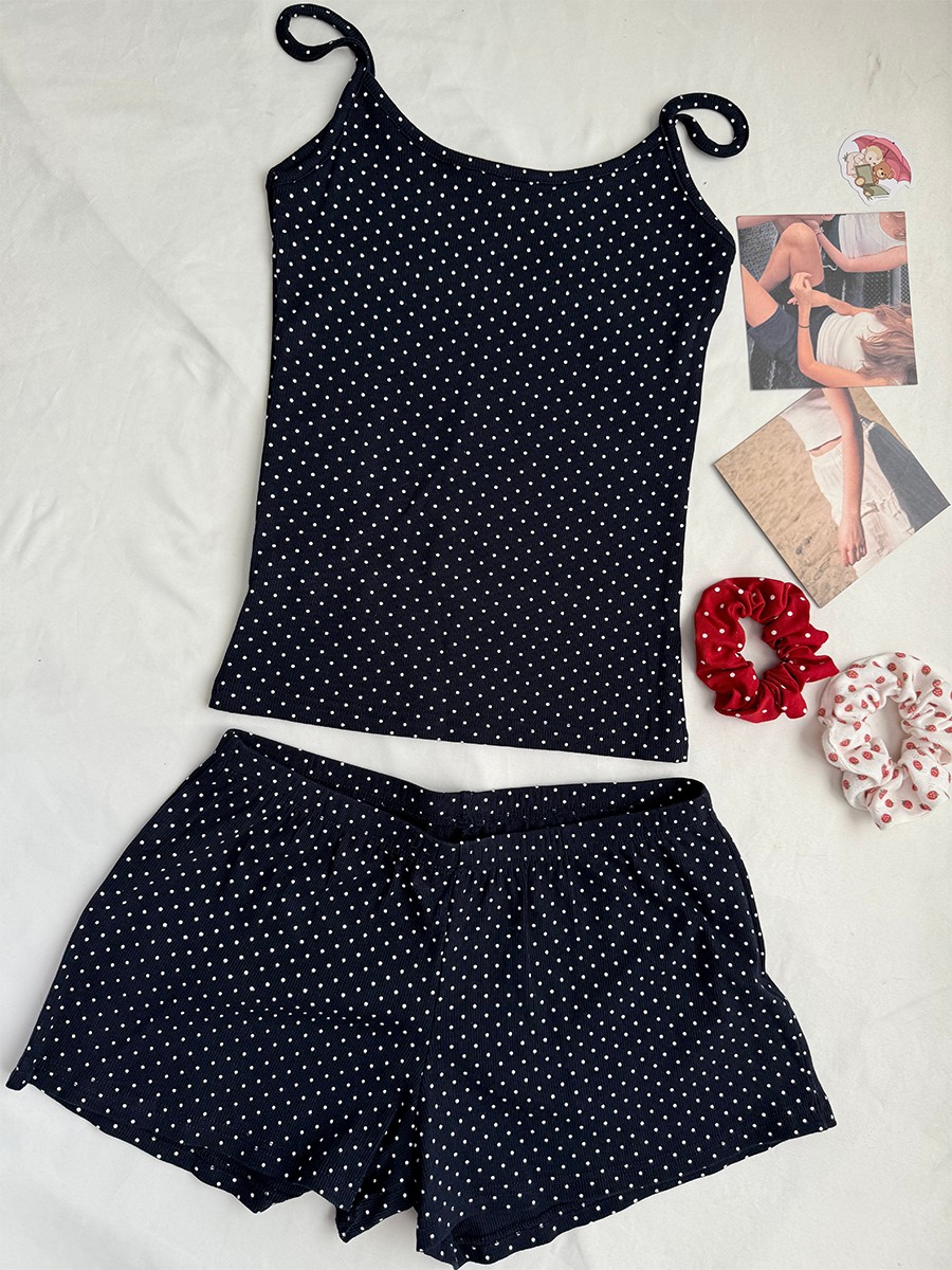 Tank Top Ribbed - Set Celana Pendek Bergaris Navy Dot